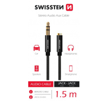 AUDIO KABEL SWISSTEN TEXTILE 3,5 mm JACK(samec) - 3,5 mm JACK (samice) 1,5 M ČERNÝ obrázek
