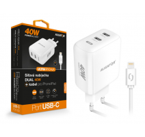 Chytrá síťová nabíječka ALIGATOR, Power Delivery 40W, 2xUSB-C, USB-C/Lightning kabel, bílá obrázek