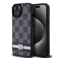 DKNY PU Leather Checkered Pattern and Stripe Zadní Kryt pro iPhone 15 Black obrázek