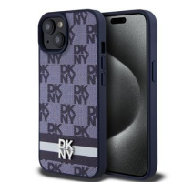 DKNY PU Leather Checkered Pattern and Stripe Zadní Kryt pro iPhone 15 Blue obrázek
