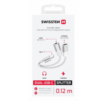 NABÍJECÍ AUDIO ADAPTÉR SWISSTEN TEXTILE USB-C (samec) / USB-C (samice) a 3,5mm AUX 0,12 M BÍLÝ obrázek