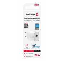 SWISSTEN SÍŤOVÝ ADAPTÉR EDGE GaN 1x USB-C PD 20W + 1x USB-A 18W QC BÍLÝ obrázek