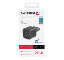 SWISSTEN SÍŤOVÝ ADAPTÉR GaN 1x USB-C 20W PD + 1x USB-A 18W QC ČERNÝ obrázek