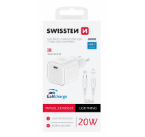 SWISSTEN SÍŤOVÝ ADAPTÉR GaN 1x USB-C 20W POWER DELIVERY BÍLÝ + DATOVÝ KABEL USB-C/LIGHTNING 1,2 M BÍLÝ obrázek