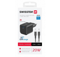 SWISSTEN SÍŤOVÝ ADAPTÉR GaN 1x USB-C 20W POWER DELIVERY ČERNÝ + DATOVÝ KABEL USB-C/USB-C 1,2 M ČERNÝ obrázek