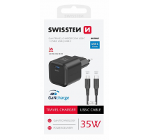 SWISSTEN SÍŤOVÝ ADAPTÉR GaN 1x USB-C 35W POWER DELIVERY ČERNÝ + DATOVÝ KABEL USB-C/USB-C 1,2 M ČERNÝ obrázek