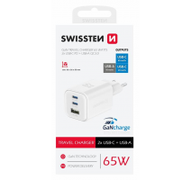 SWISSTEN SÍŤOVÝ ADAPTÉR GaN 2x USB-C 65W PD + 1x USB-A 18W QC BÍLÝ obrázek
