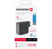 SWISSTEN SÍŤOVÝ ADAPTÉR GaN 3x USB-C 100W PD + 1x USB-A 18W QC ČERNÝ obrázek