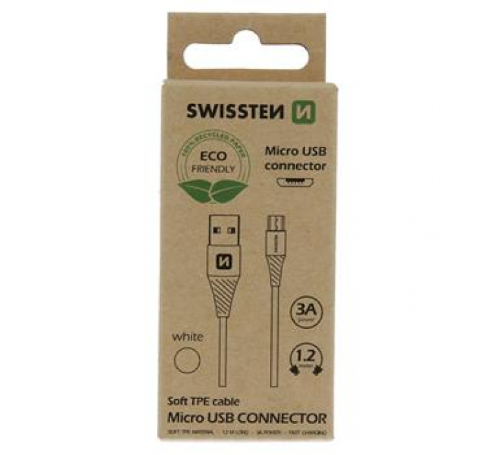 DATOVÝ KABEL SWISSTEN USB / MICRO USB 1,5 M BÍLÝ (6,5mm)