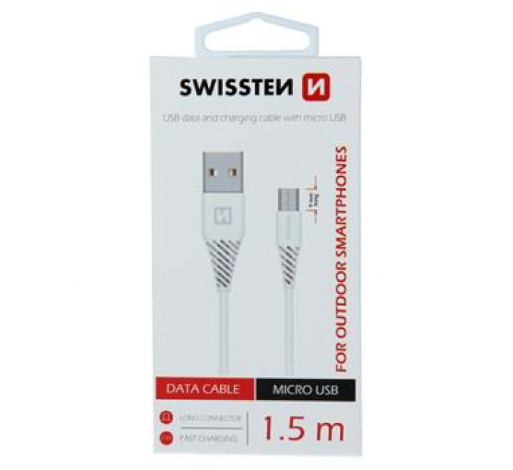 DATOVÝ KABEL SWISSTEN USB / MICRO USB 1,5 M BÍLÝ (9 mm)