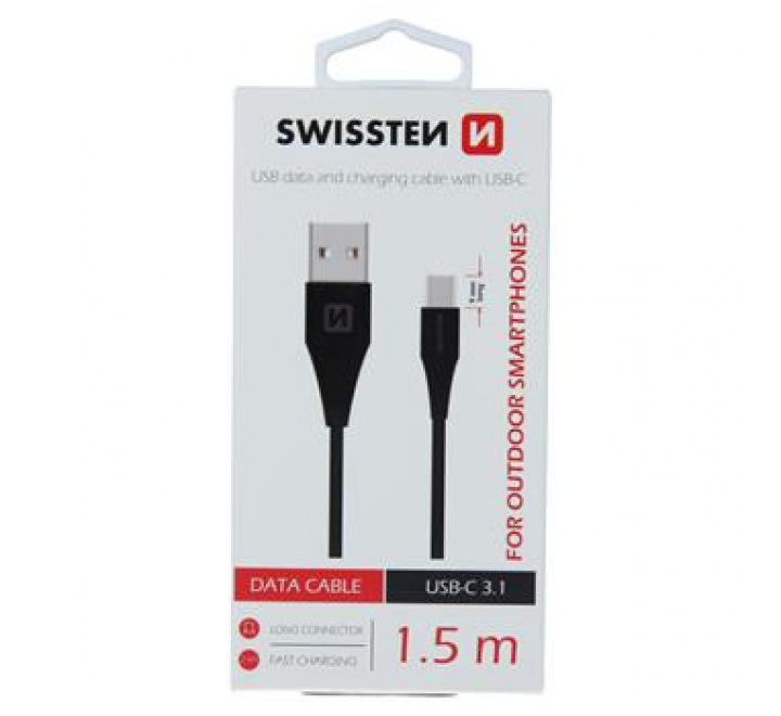 DATOVÝ KABEL SWISSTEN USB / USB-C 3.1 ČERNÝ 1,5M (9mm)