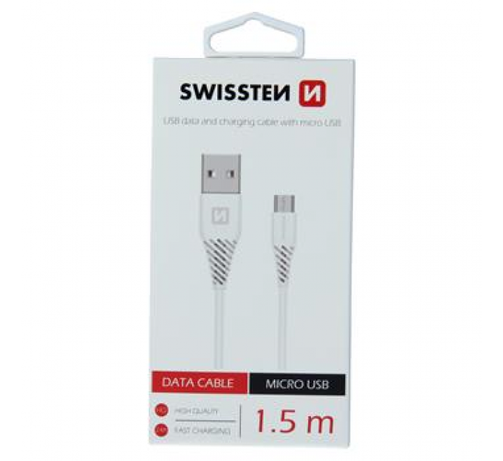 DATOVÝ KABEL SWISSTEN USB / MICRO USB 1,5 M BÍLÝ (6,5mm)