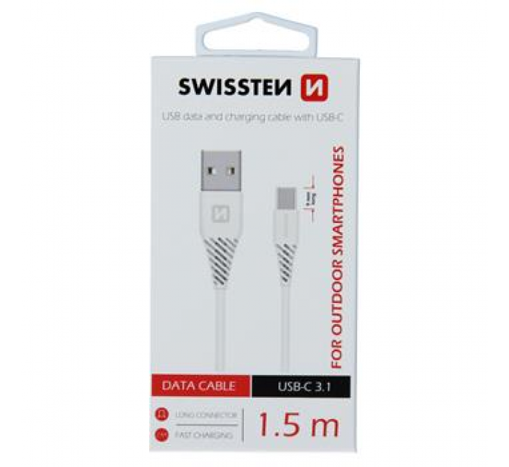 DATOVÝ KABEL SWISSTEN USB / USB-C 3.1 BÍLÝ 1,5 M (9mm)