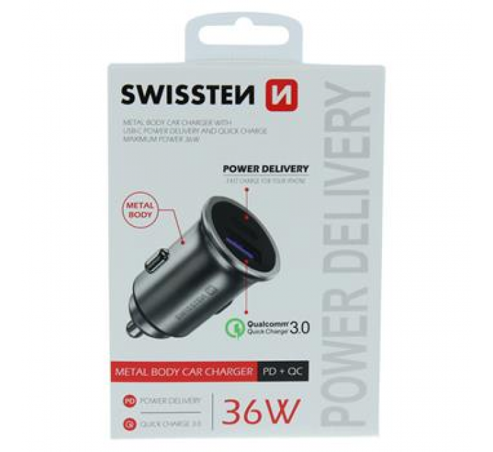SWISSTEN CL ADAPTÉR POWER DELIVERY USB-C + QUICK CHARGE 3.0 36W METAL STŘÍBRNÝ