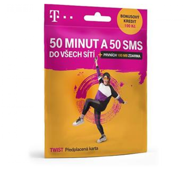 PŘEDPLACENÁ T-MOBILE TWIST SIM KARTA - ZDARMA 50 MINUT, 50 SMS A 100  MB DAT, kredit 100,- Kč