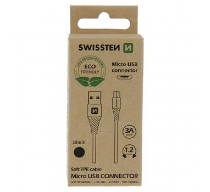 DATOVÝ KABEL SWISSTEN USB / MICRO USB 1,5 M ČERNÝ (6,5mm)