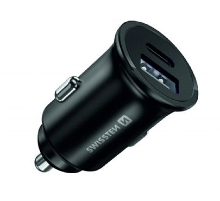 Adapter CL SWISSTEN 1x USB + 1x PD (USB-C), QC 3.0, 36W, metal černá