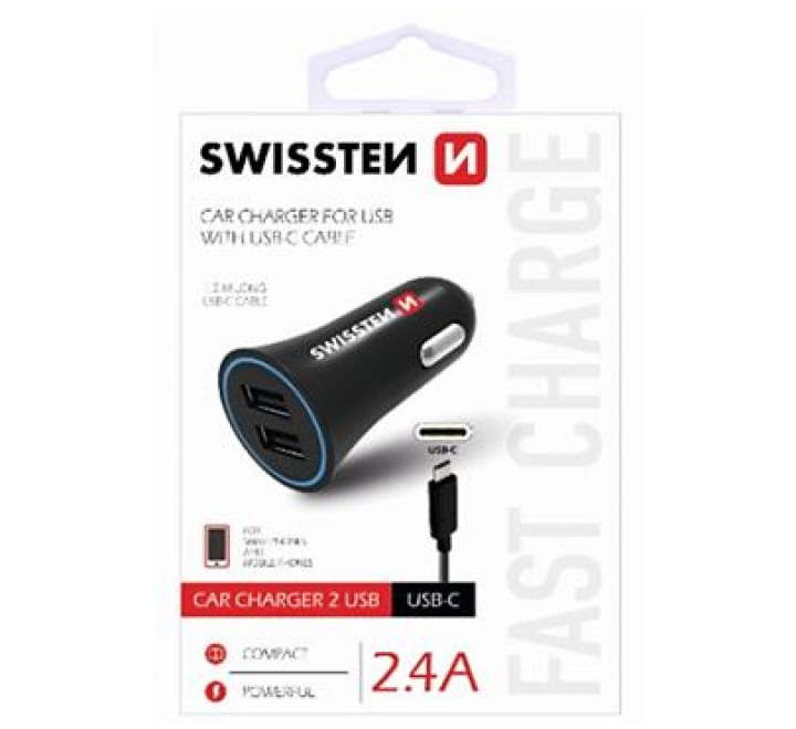 Adapter CL SWISSTEN 2x USB + USB-C kabel 2,4A, černá (BLISTR)