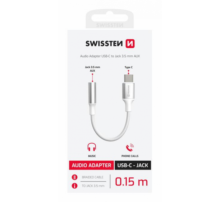 AUDIO ADAPTÉR SWISSTEN TEXTILE USB-C (samec) / 3,5mm AUX 0,15 M BÍLÝ (nahrazuje 73501302)