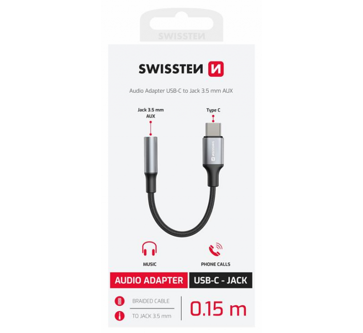 AUDIO ADAPTÉR SWISSTEN TEXTILE USB-C (samec) / 3,5mm AUX 0,15 M ČERNÝ (nahrazuje 73501301)