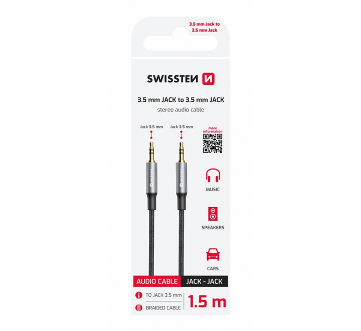 AUDIO KABEL SWISSTEN TEXTILE JACK (samec) / JACK (samec) 1,5 M ČERNÝ