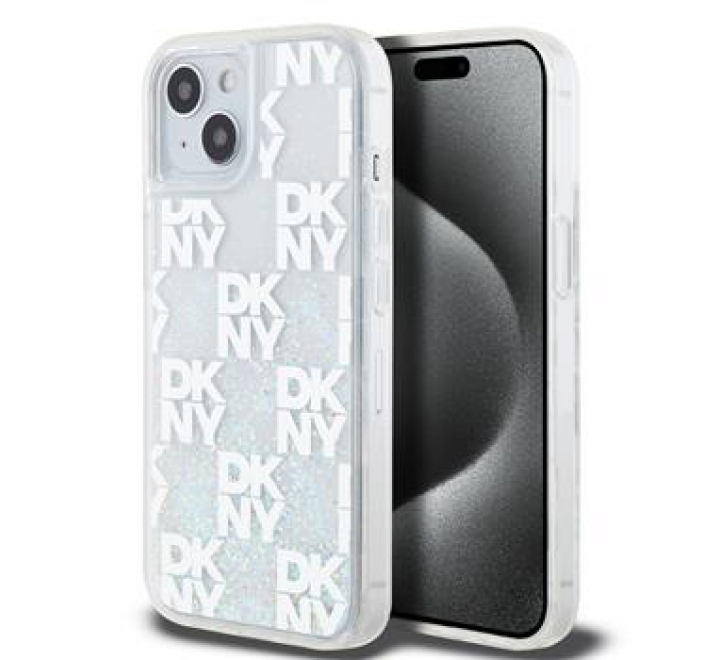 DKNY Liquid Glitter Checkered Pattern Zadní Kryt pro iPhone 15 Transparent