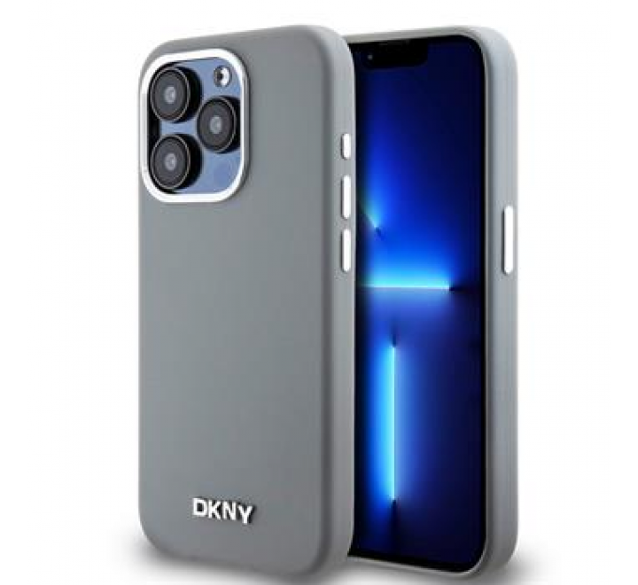 DKNY Liquid Silicone Silver Metal Logo Magsafe Zadní Kryt pro iPhone 15 Pro Grey