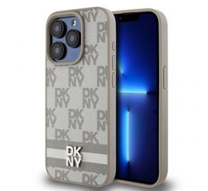 DKNY PU Leather Checkered Pattern and Stripe Zadní Kryt pro iPhone 13 Pro Beige