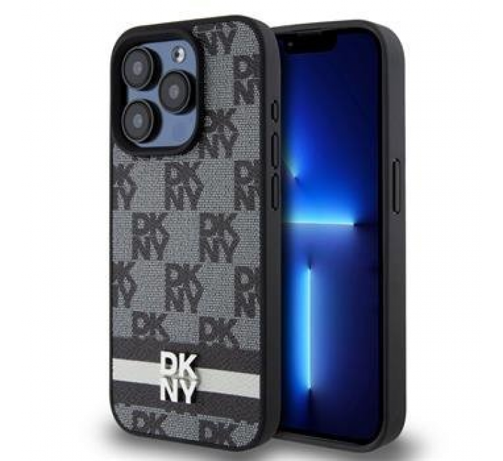DKNY PU Leather Checkered Pattern and Stripe Zadní Kryt pro iPhone 13 Pro Black