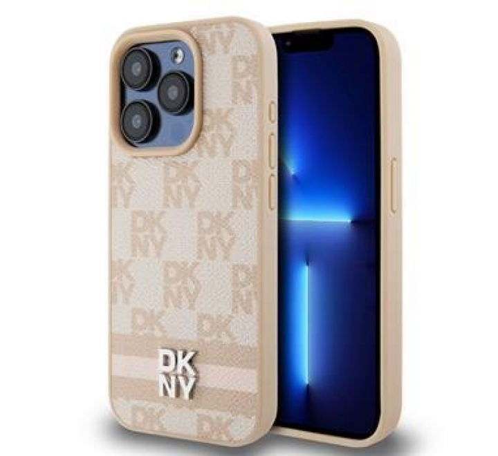 DKNY PU Leather Checkered Pattern and Stripe Zadní Kryt pro iPhone 14 Pro Max Pink