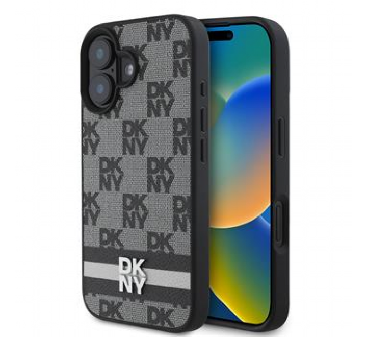 DKNY PU Leather Checkered Pattern and Stripe Zadní Kryt pro iPhone 16 Black