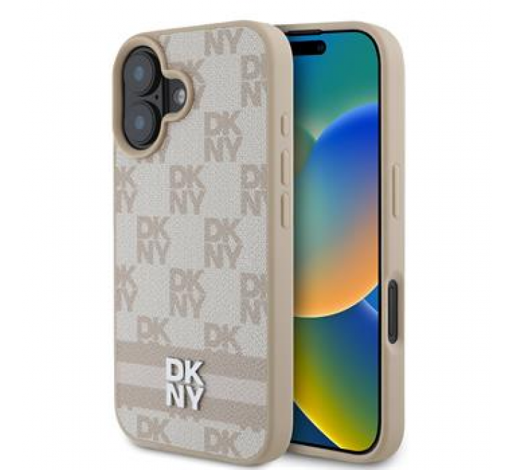 DKNY PU Leather Checkered Pattern and Stripe Zadní Kryt pro iPhone 16 Pink