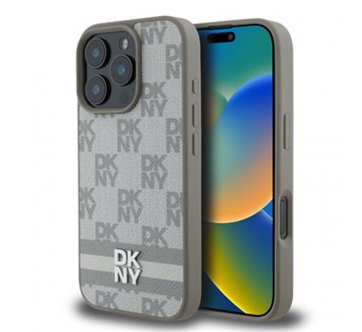 DKNY PU Leather Checkered Pattern and Stripe Zadní Kryt pro iPhone 16 Pro Max Beige