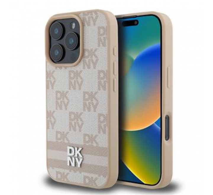 DKNY PU Leather Checkered Pattern and Stripe Zadní Kryt pro iPhone 16 Pro Max Pink