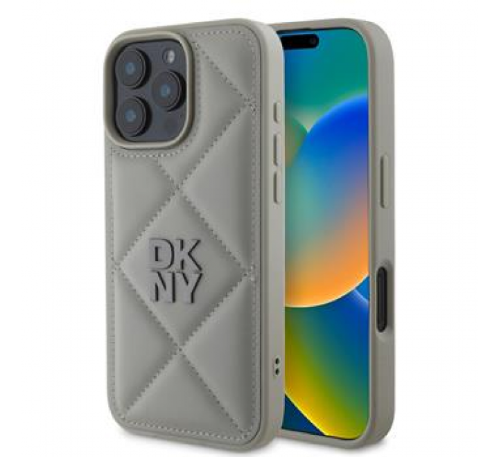 DKNY PU Leather Quilted Stack Logo Zadní Kryt pro iPhone 16 Pro Max Grey