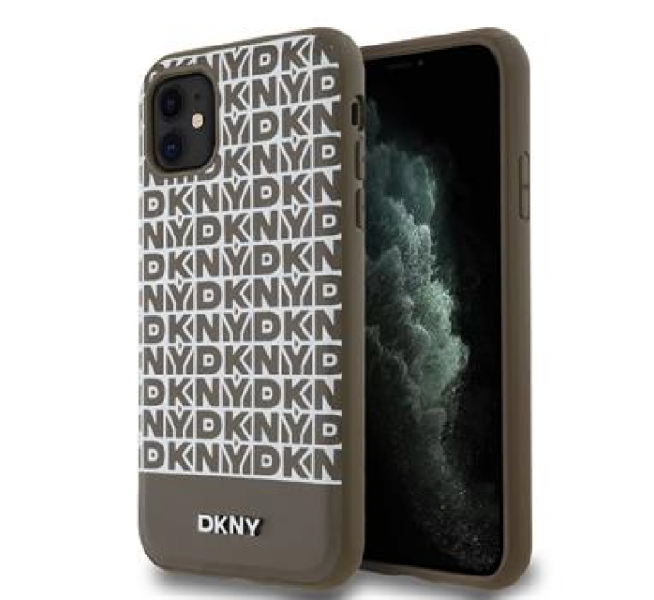 DKNY PU Leather Repeat Pattern Bottom Stripe MagSafe Zadní Kryt pro iPhone 11 Brown