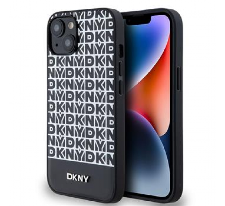 DKNY PU Leather Repeat Pattern Bottom Stripe MagSafe Zadní Kryt pro iPhone 13 Black