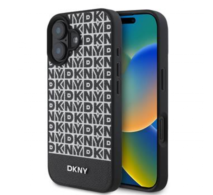 DKNY PU Leather Repeat Pattern Bottom Stripe MagSafe Zadní Kryt pro iPhone 16 Black