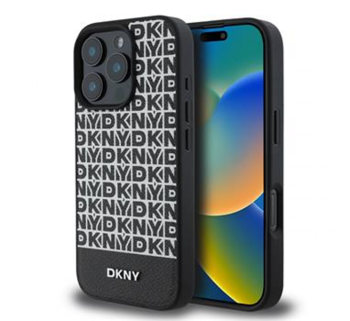 DKNY PU Leather Repeat Pattern Bottom Stripe MagSafe Zadní Kryt pro iPhone 16 Pro Black