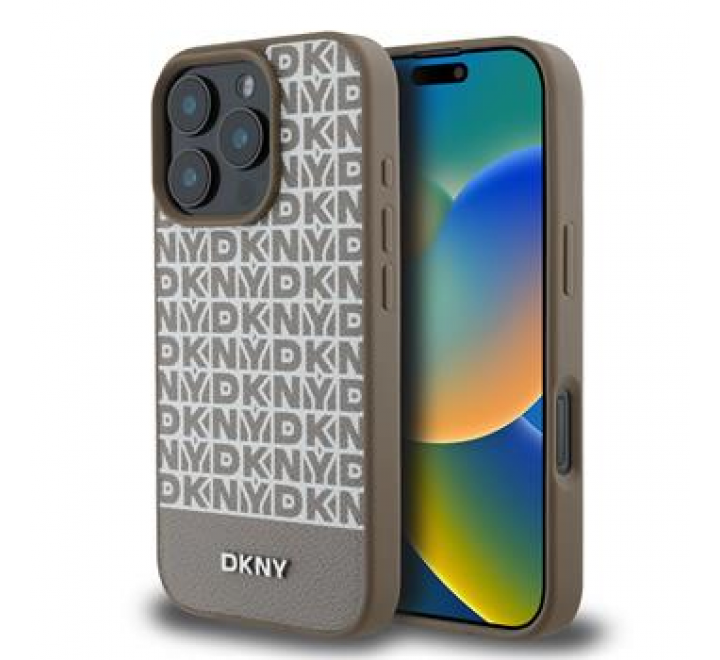 DKNY PU Leather Repeat Pattern Bottom Stripe MagSafe Zadní Kryt pro iPhone 16 Pro Brown
