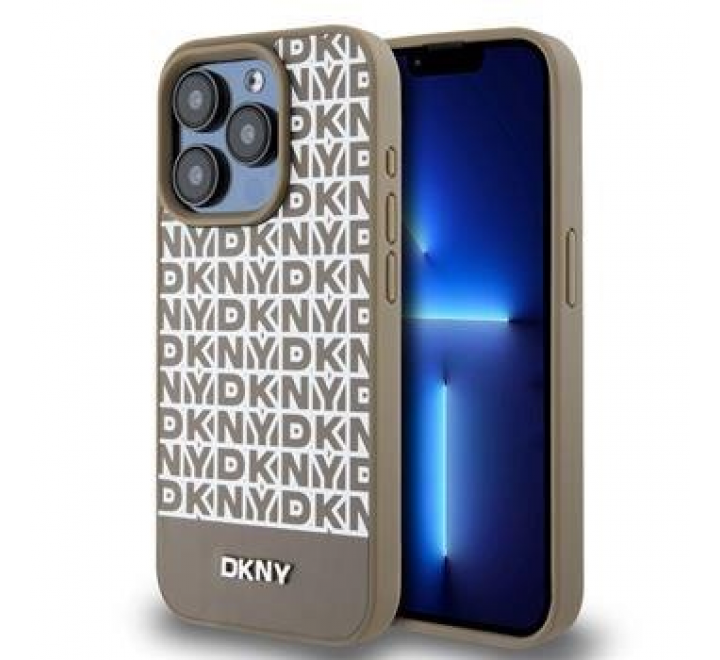 DKNY PU Leather Repeat Pattern Bottom Stripe Zadní Kryt pro iPhone 13 Pro Brown