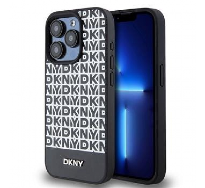 DKNY PU Leather Repeat Pattern Bottom Stripe Zadní Kryt pro iPhone 14 Pro Black