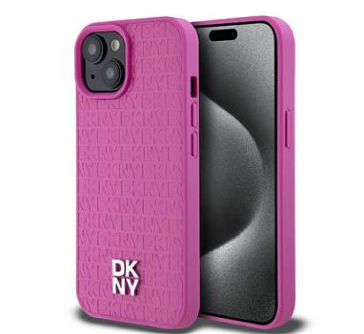 DKNY PU Leather Repeat Pattern Stack Logo Magsafe Zadní Kryt pro iPhone 15 Pink