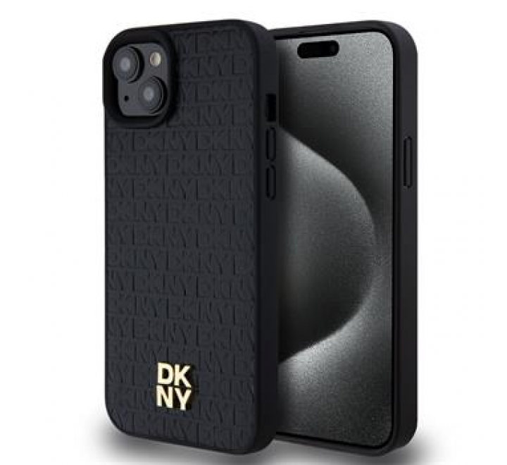 DKNY PU Leather Repeat Pattern Stack Logo Magsafe Zadní Kryt pro iPhone 15 Plus Black