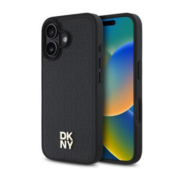DKNY PU Leather Repeat Pattern Stack Logo MagSafe Zadní Kryt pro iPhone 16 Black