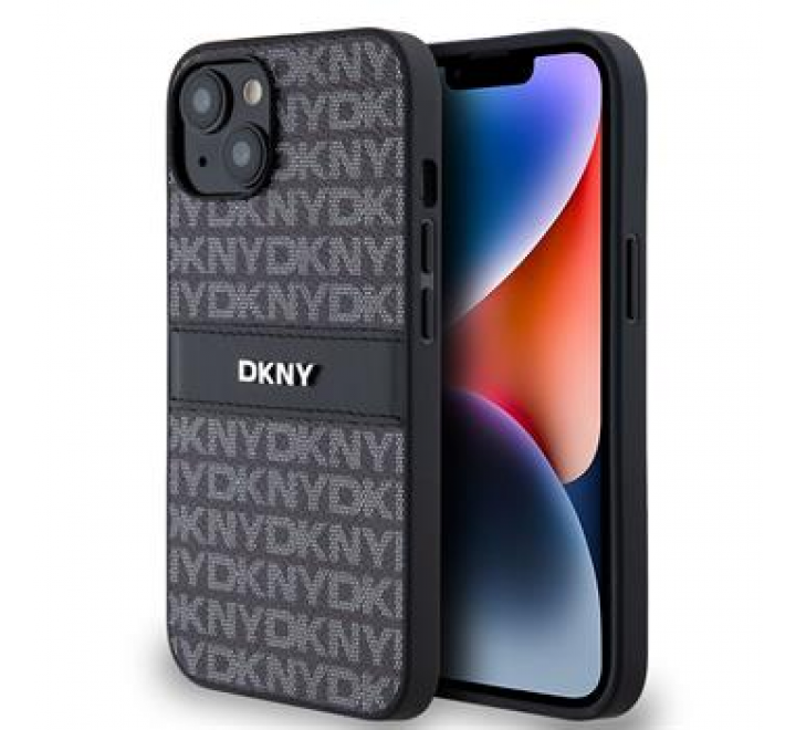DKNY PU Leather Repeat Pattern Tonal Stripe Zadní Kryt pro iPhone 14 Black
