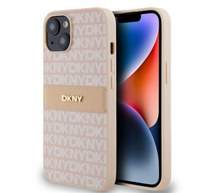 DKNY PU Leather Repeat Pattern Tonal Stripe Zadní Kryt pro iPhone 14 Pink