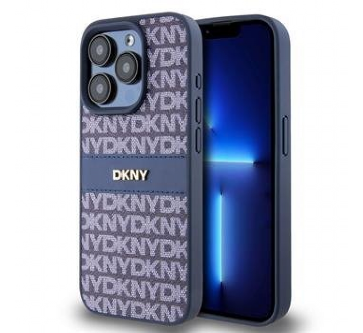 DKNY PU Leather Repeat Pattern Tonal Stripe Zadní Kryt pro iPhone 14 Pro Blue