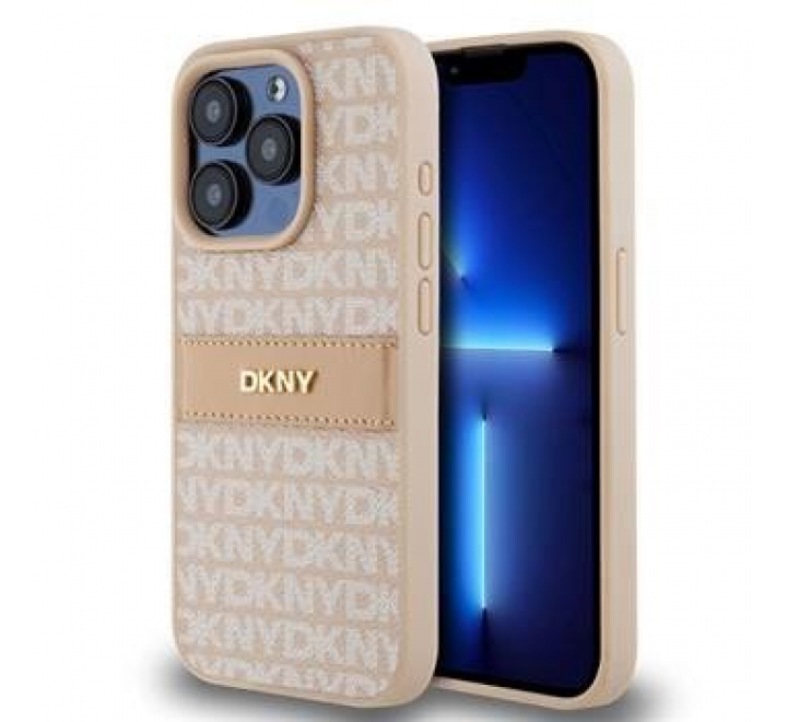 DKNY PU Leather Repeat Pattern Tonal Stripe Zadní Kryt pro iPhone 14 Pro Max Pink
