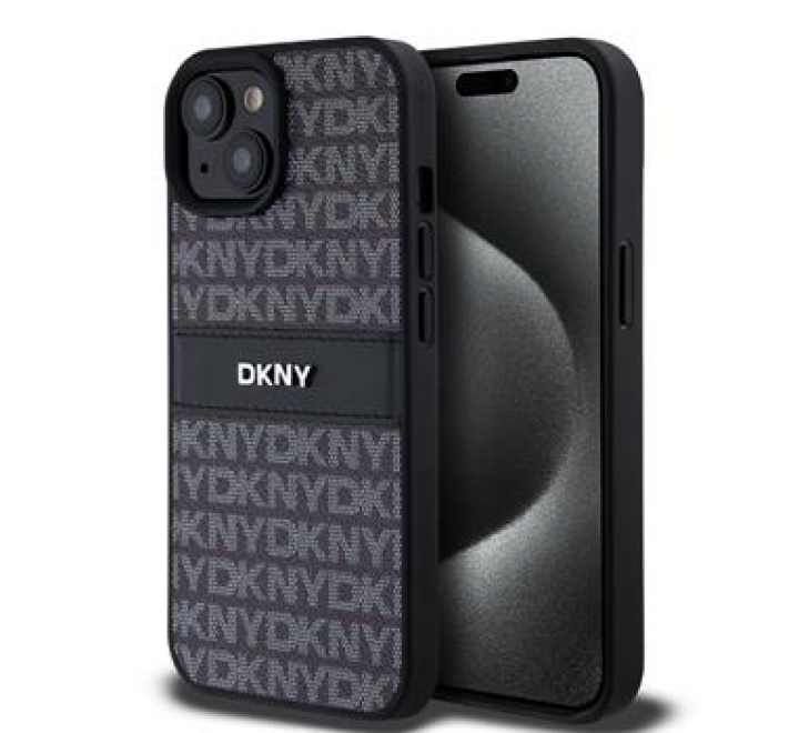 DKNY PU Leather Repeat Pattern Tonal Stripe Zadní Kryt pro iPhone 15 Black